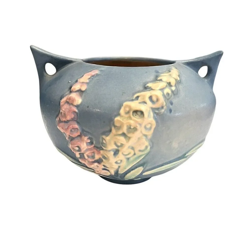 Vintage Roseville 1940's Foxglove Blue Double Handled Jardiniere 418-4